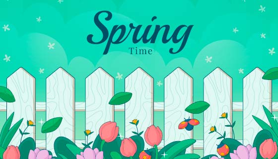 手绘风格美丽的花朵和围栏设计春天背景矢量素材(AI/EPS)