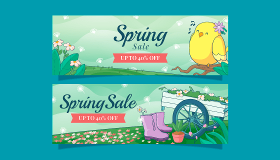 唱歌的小鸟和装满花朵的推车设计春天banner矢量素材(AI/EPS)