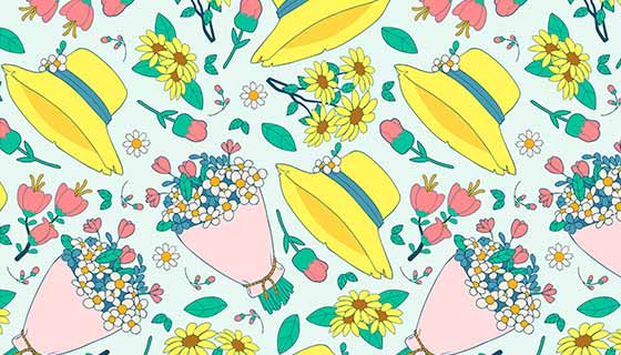 手绘风格的帽子和花朵设计春天背景矢量素材(AI/EPS)