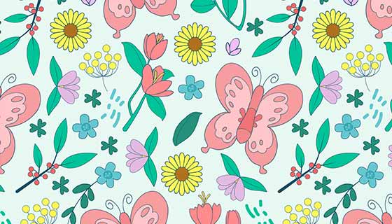 手绘风格的蝴蝶和花朵设计春天背景矢量素材(AI/EPS)
