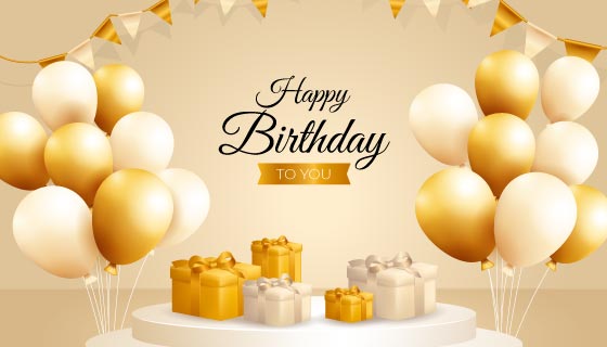 金色气球和礼物设计生日快乐背景图片矢量素材(EPS)