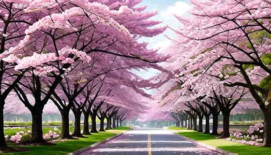 两边盛开粉红色樱花的道路春天景色高清图片素材(JPG)