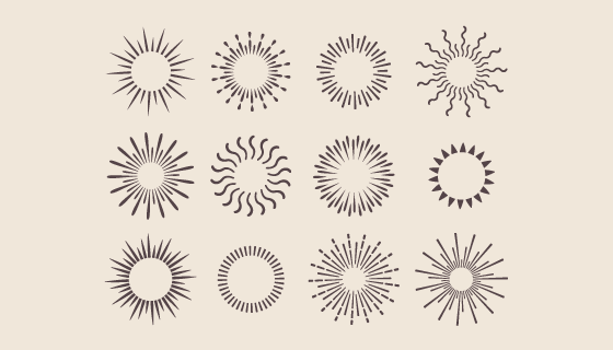 12个不同款式的太阳简笔画矢量素材(AI/EPS/PNG)