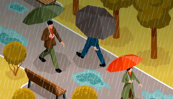 雨中撑着雨伞行走的人们矢量素材(EPS)