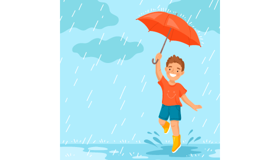 撑着雨伞穿着雨鞋在雨中奔跑的小男孩矢量素材(AI/EPS)