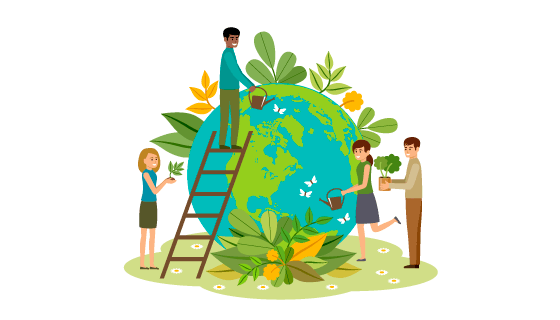 给地球披上绿植的人们插画矢量素材(EPS/PNG)