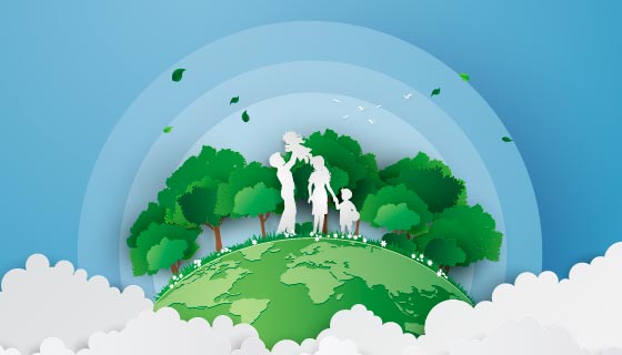 在绿色地球上惬意生活的人们设计世界地球日矢量素材(EPS)