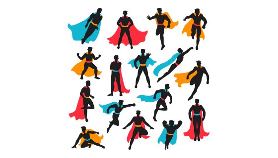 不同颜色披风和不同姿势的超级英雄剪影矢量素材(EPS/PNG)