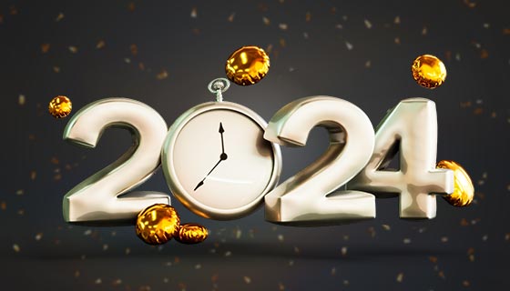 立体数字和钟表设计2024新年快乐背景图素材(PSD)