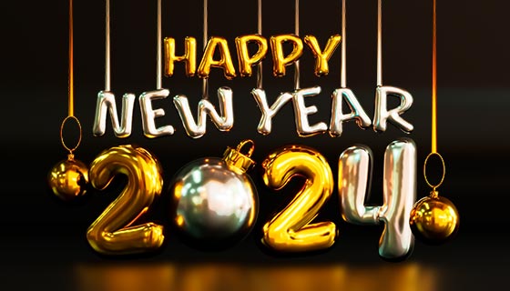 立体数字和圣诞球设计2024新年快乐背景图素材(PSD)