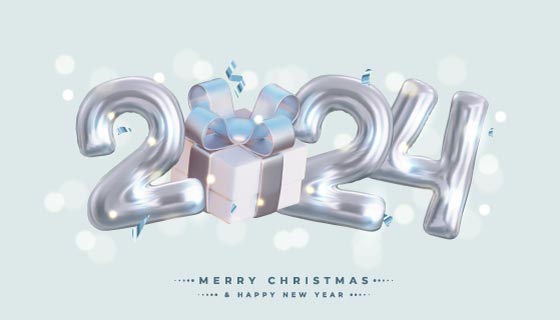 立体数字气球和精美礼物设计2024新年快乐背景矢量素材(EPS)