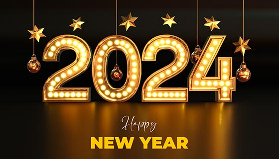 金色灯泡组成的数字设计2024新年快乐背景图素材(PSD)
