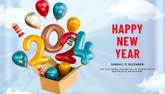 多彩数字气球设计2024新年快乐背景图素材(PSD)