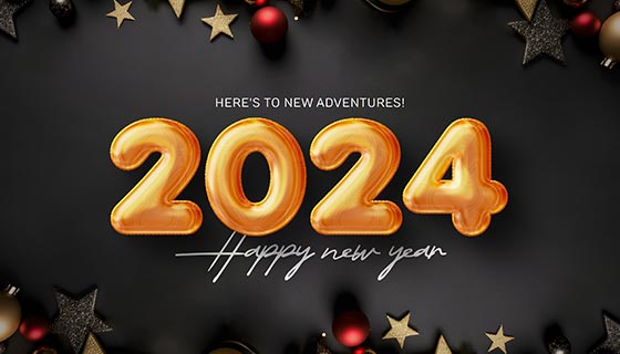 立体金色数字和圣诞装饰品设计2024新年快乐背景图素材(PSD)