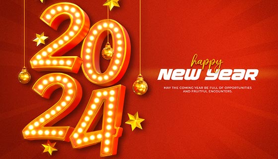 金色灯泡组成的数字设计2024新年快乐背景图素材(PSD)