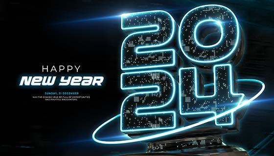 白色霓虹灯数字设计2024新年快乐背景图素材(PSD)