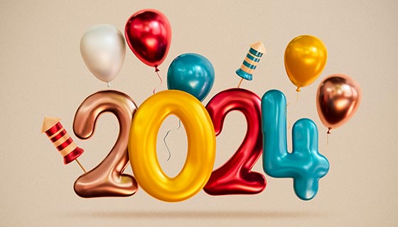 多彩气球设计2024新年快乐背景图素材(PSD)