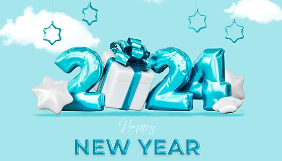 礼物和数字设计清新2024新年快乐背景图素材(PSD)
