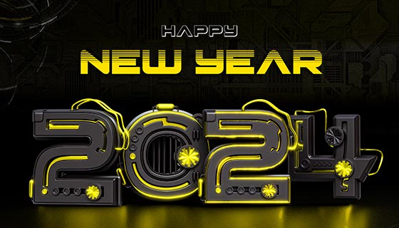 金属机械数字设计2024新年快乐背景图素材(PSD)