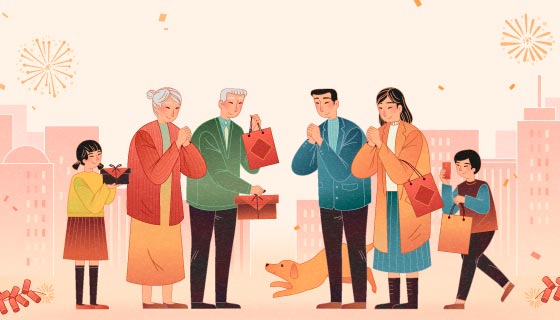 年轻人给长辈拜年矢量素材(EPS)