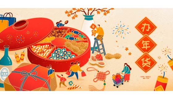 置办年货迎接春节的人们矢量素材(EPS)