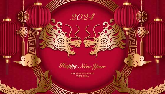 金龙和灯笼设计2024春节背景矢量素材(EPS)