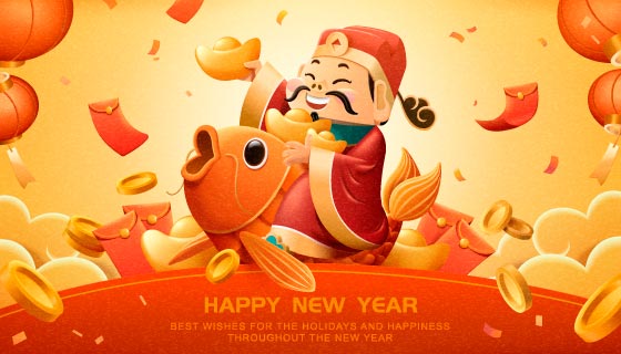 坐在金鱼上发红包的财神爷矢量素材(EPS)
