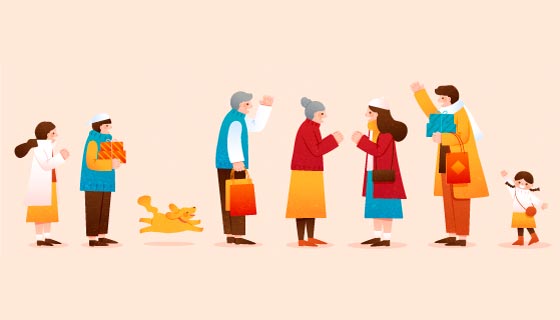 年轻人和孩子给长辈拜年矢量素材(EPS)