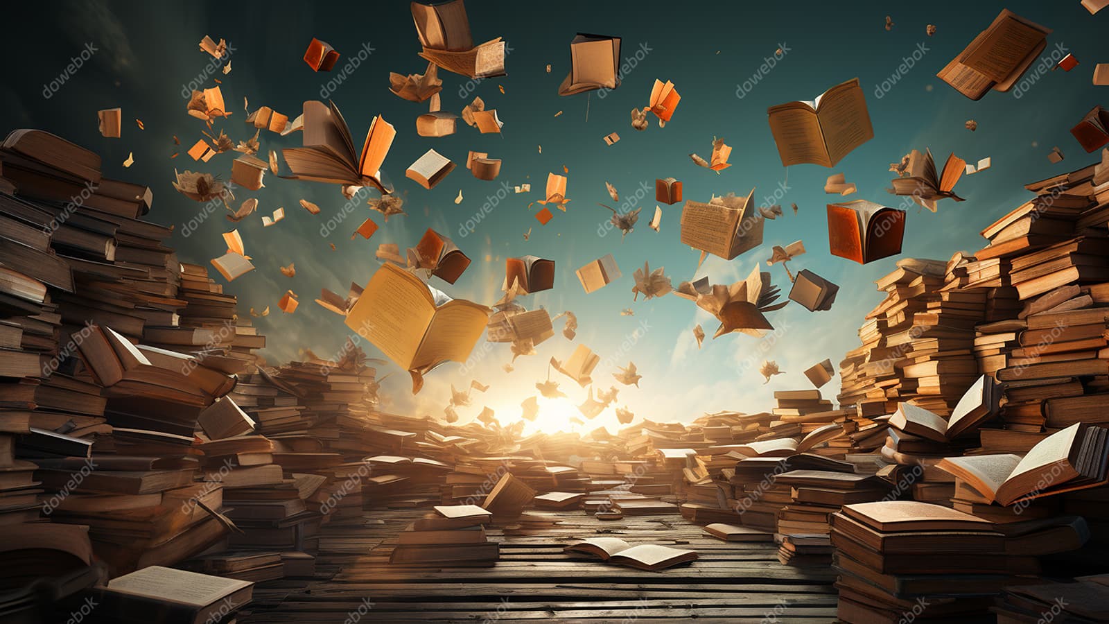 书堆和漫天飞舞的书本高清图片素材(JPG)