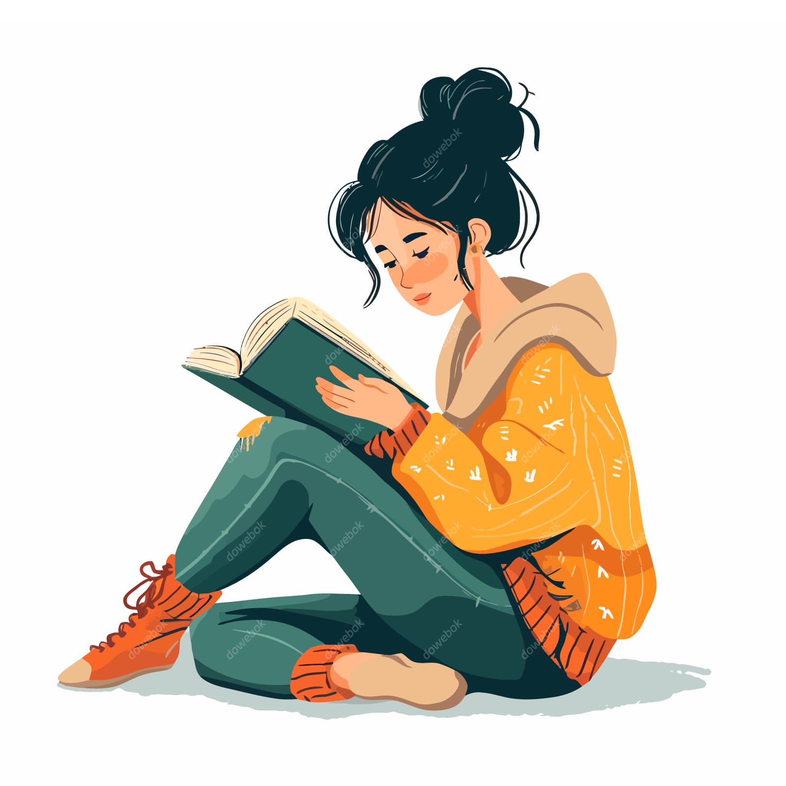 坐在地上看书的女孩矢量素材(EPS)