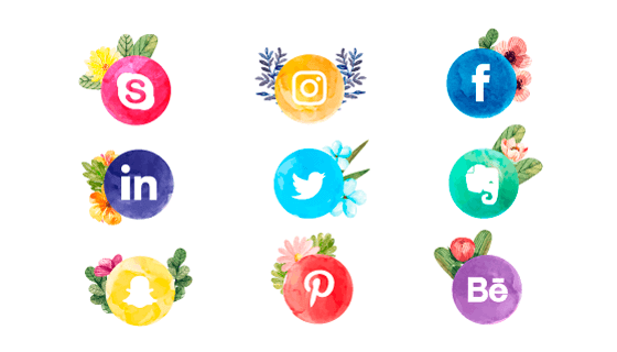 水彩花卉社会化媒体图标矢量素材(EPS/AI/PNG)