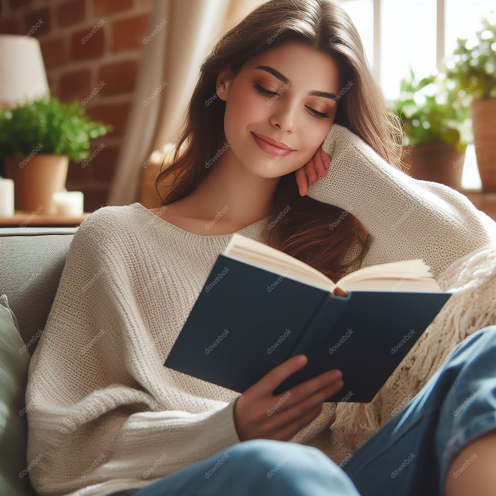 坐在沙发上看书的美丽女孩高清图片素材(JPG)