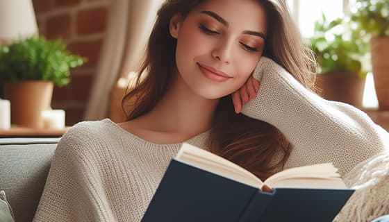 坐在沙发上看书的美丽女孩高清图片素材(JPG)