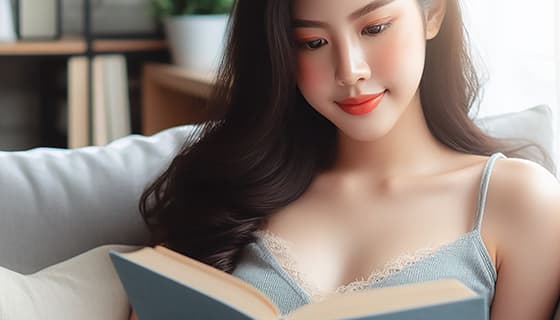 靠在沙发上看书的年轻女孩高清图片素材(JPG)