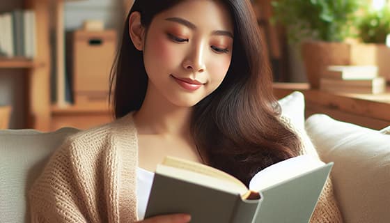 坐在沙发上看书的年轻女孩高清图片素材(JPG)