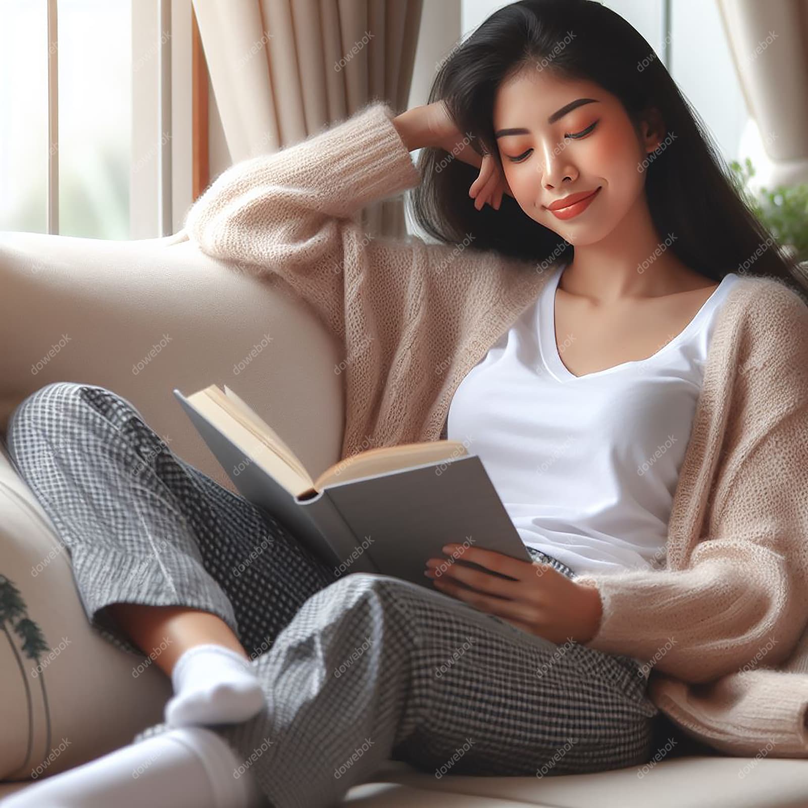 靠在沙发上看书的年轻女孩高清图片素材(JPG)
