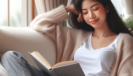 靠在沙发上看书的年轻女孩高清图片素材(JPG)