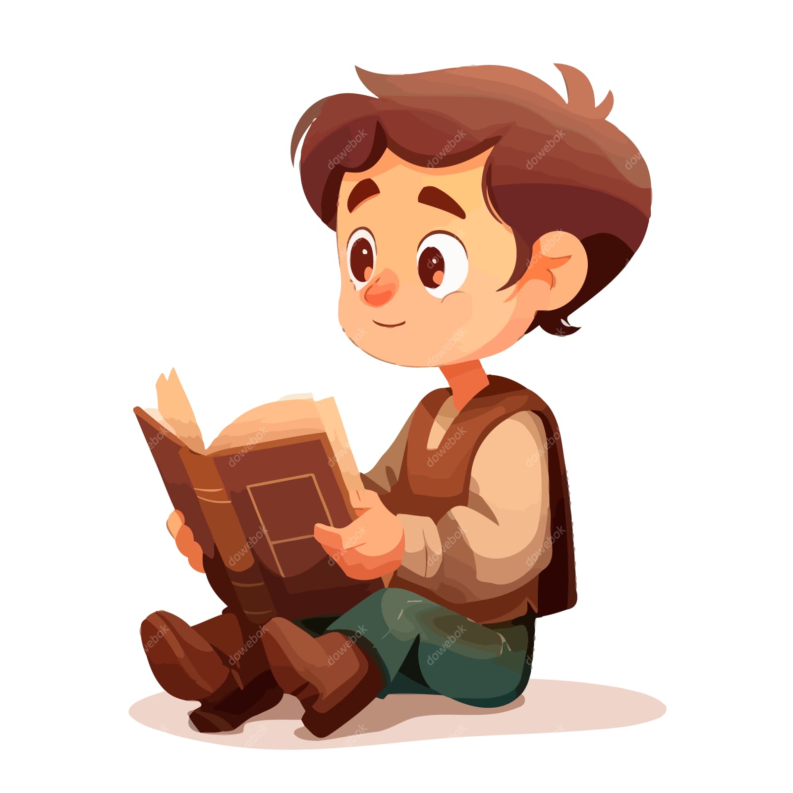 卡通风格坐在地上看书的小男孩矢量素材(EPS)