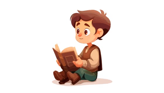 卡通风格坐在地上看书的小男孩矢量素材(EPS)