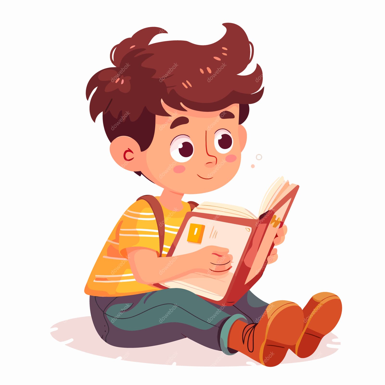 卡通风格坐在地上看书的小男孩矢量素材(EPS)