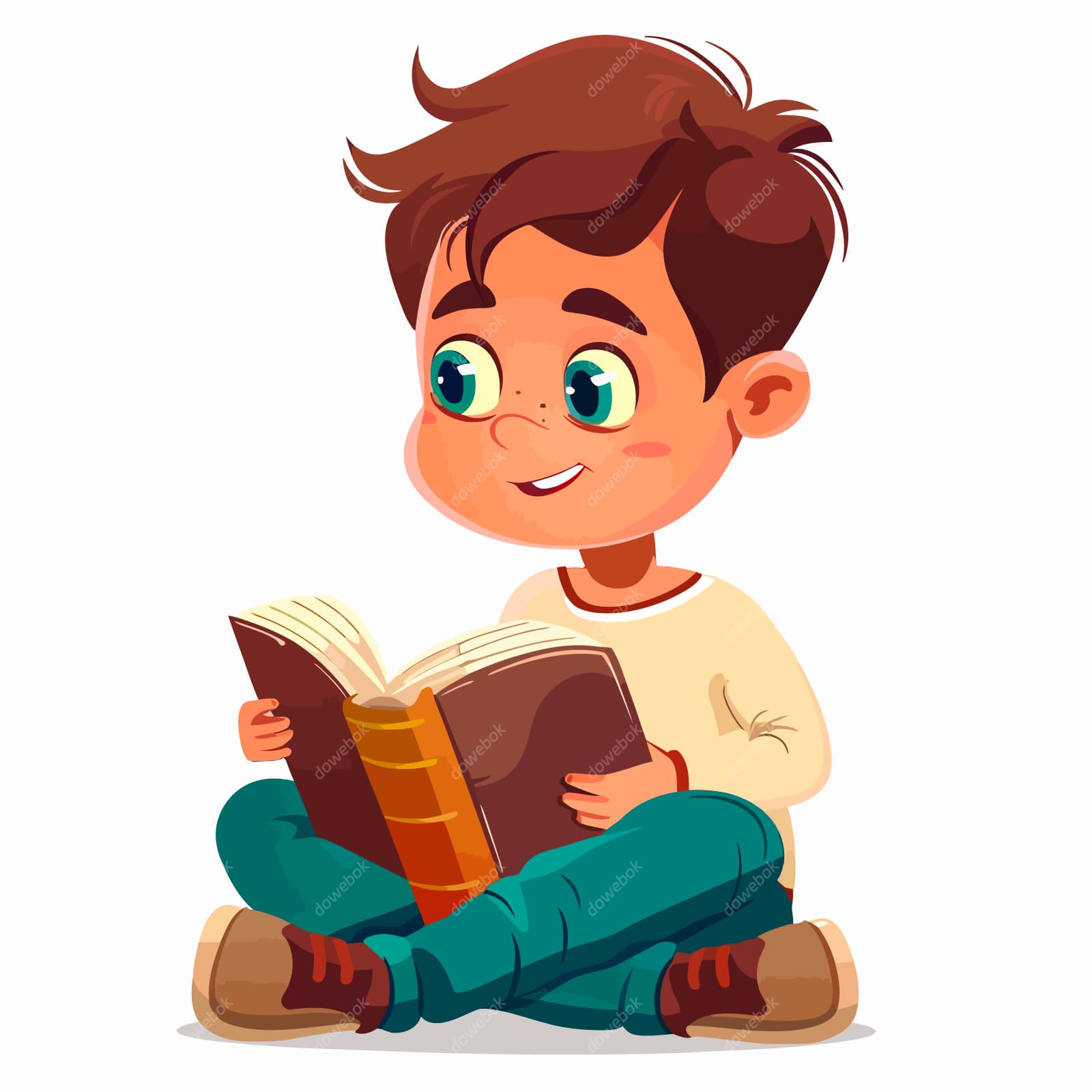 卡通风格坐在地上看书的小男孩矢量素材(EPS)