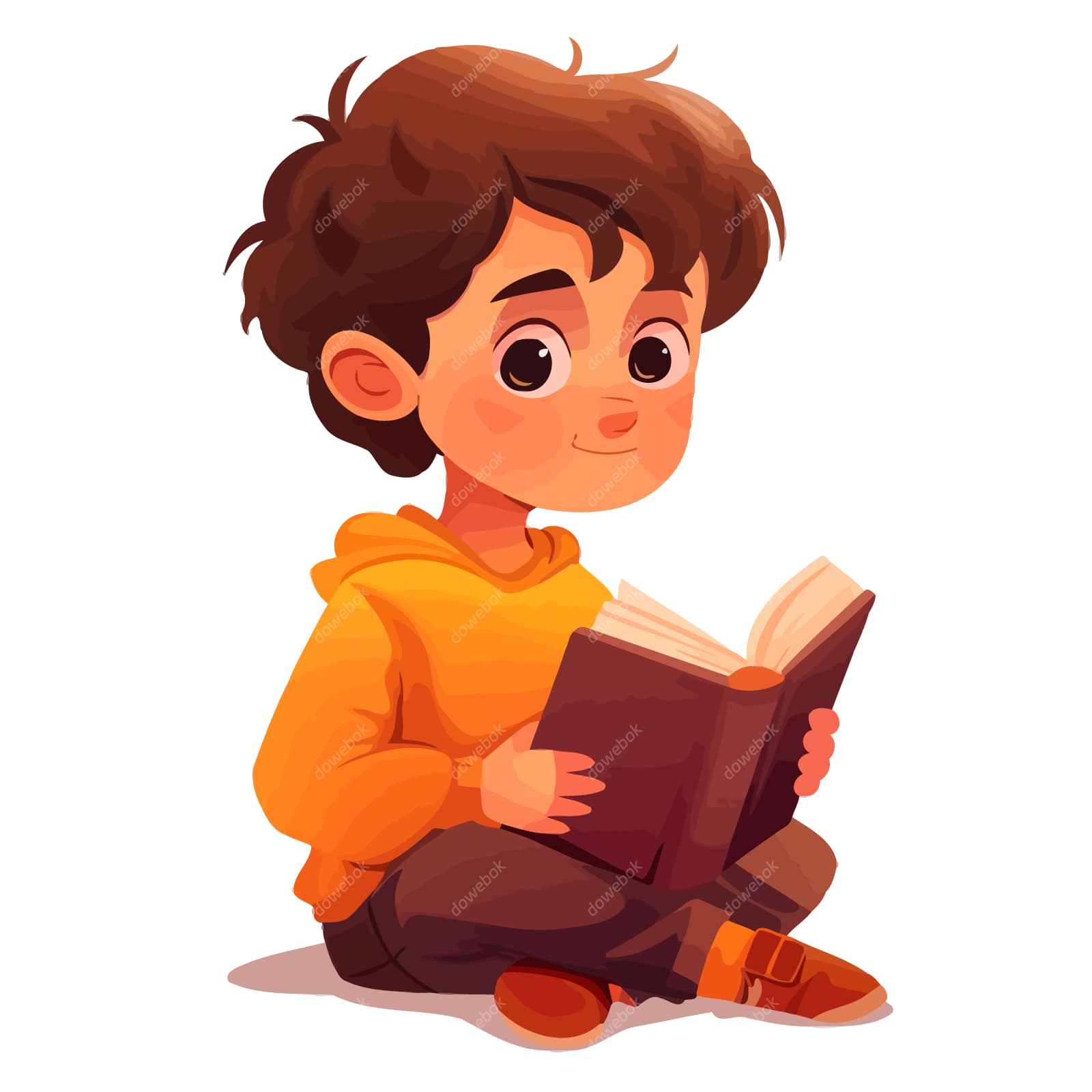 卡通风格坐在地上看书的小男孩矢量素材(EPS)