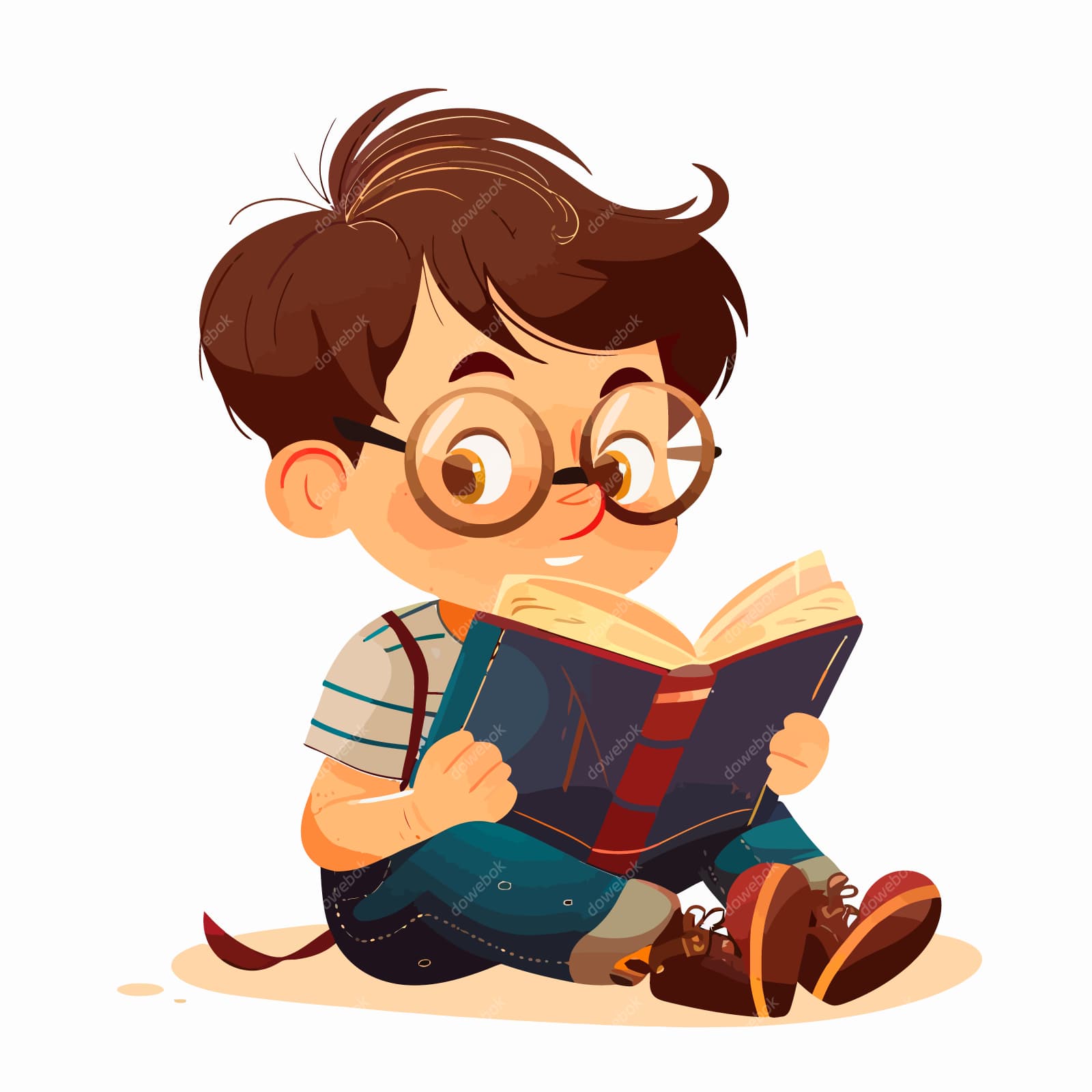 卡通风格戴着眼镜坐在地上看书的小男孩矢量素材(EPS)