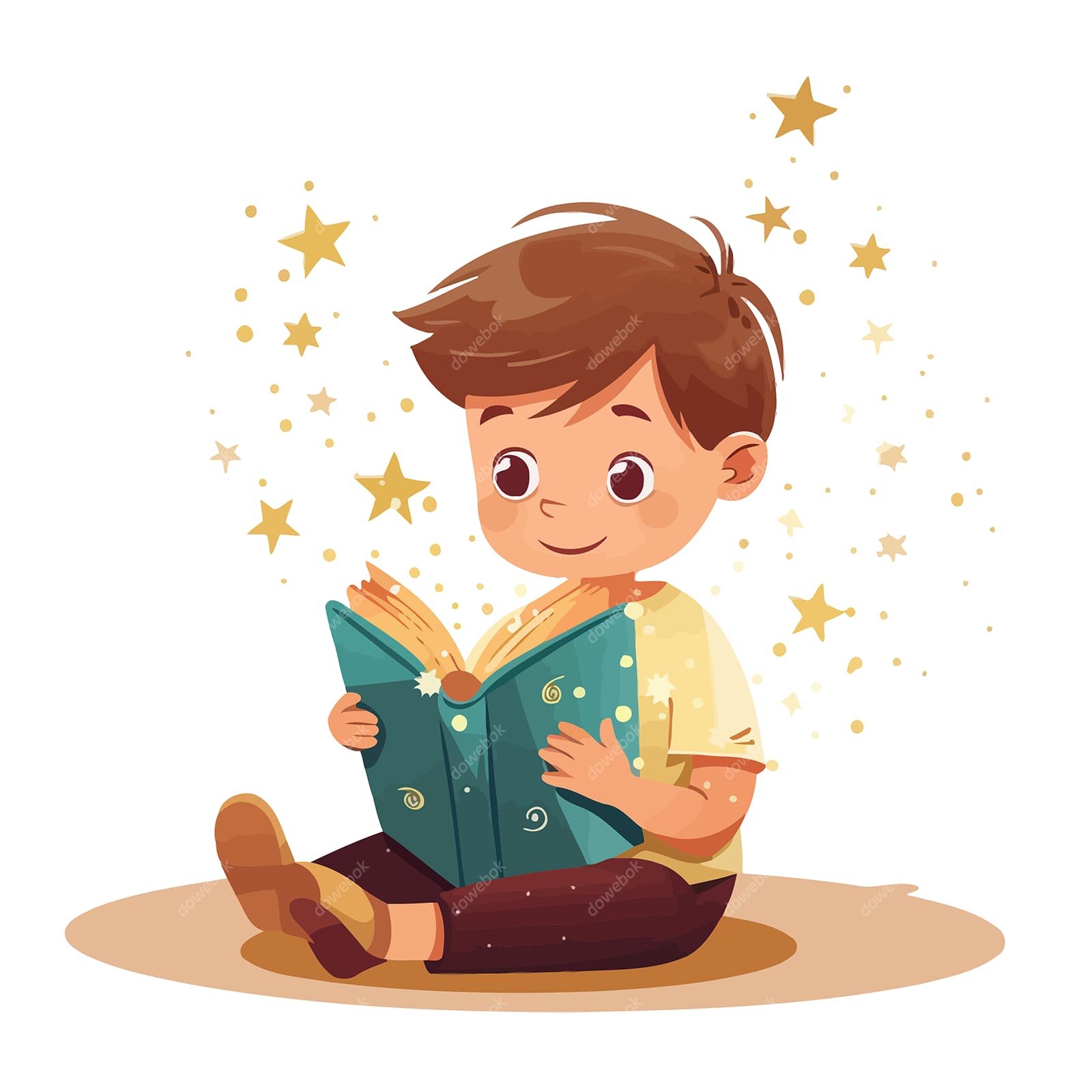 卡通风格坐在地上看书的小男孩矢量素材(EPS)