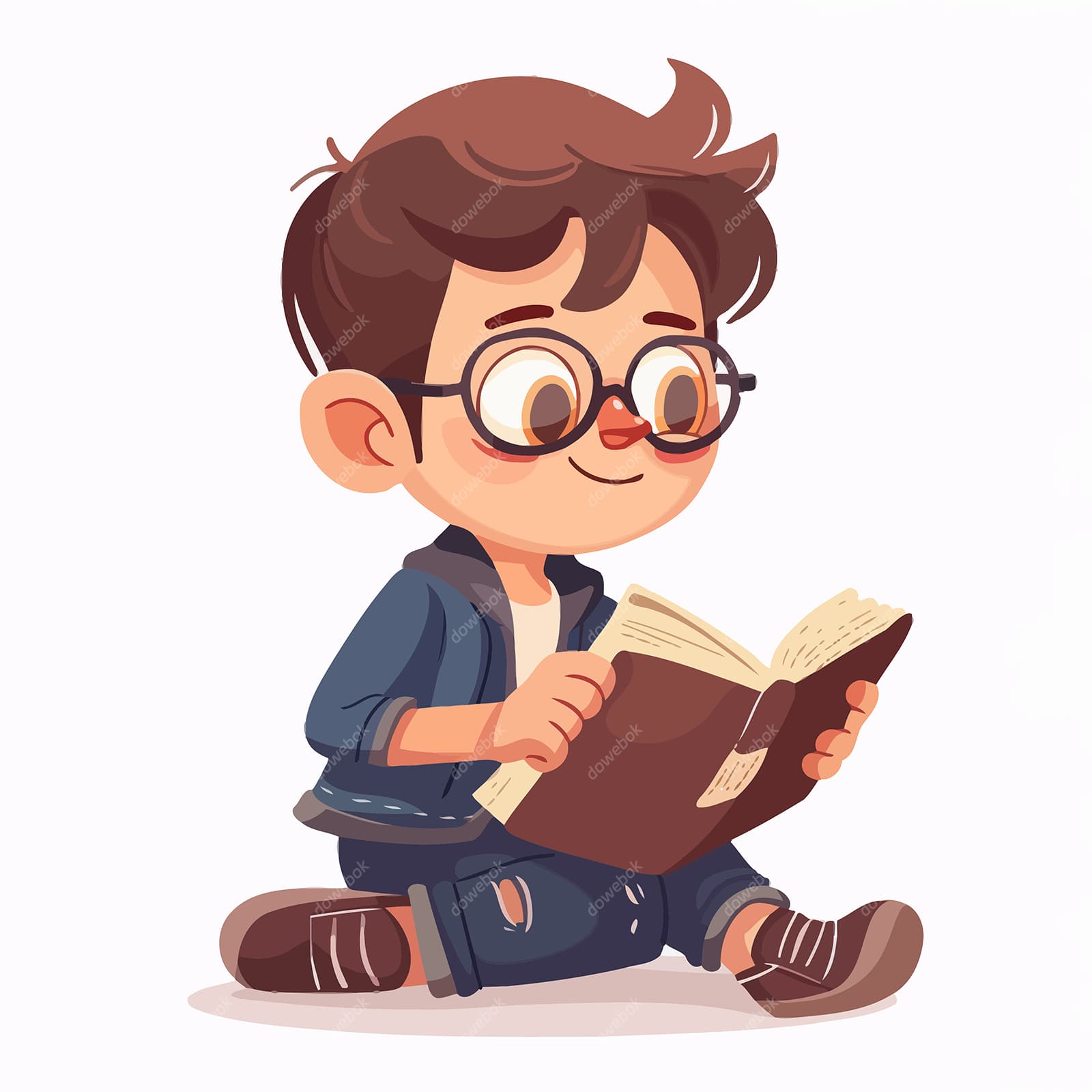 卡通风格坐在地上看书的小男孩矢量素材(EPS)