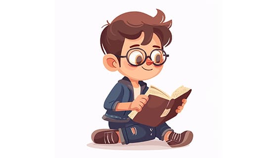 卡通风格坐在地上看书的小男孩矢量素材(EPS)