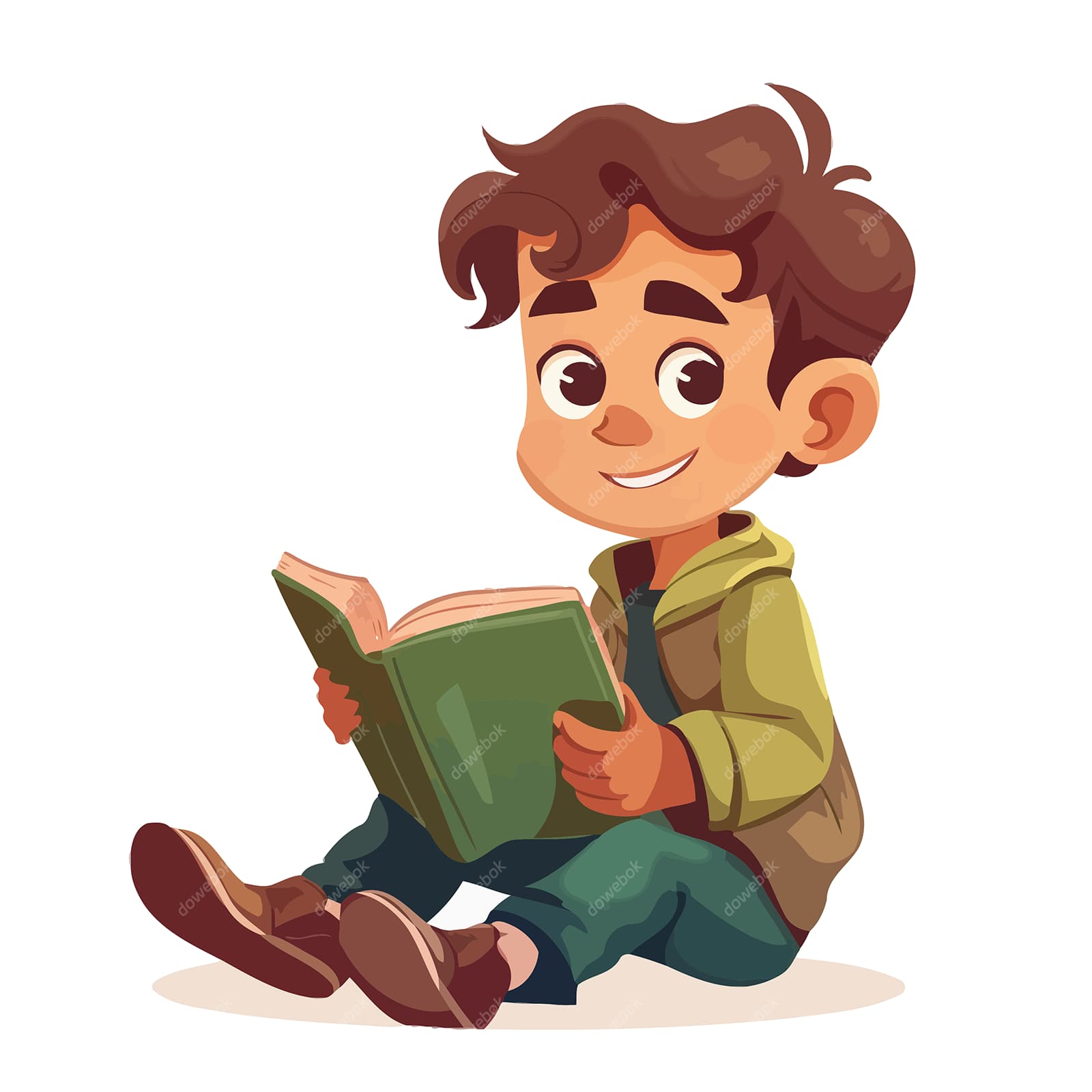 卡通风格坐在地上看书的小男孩矢量素材(EPS)