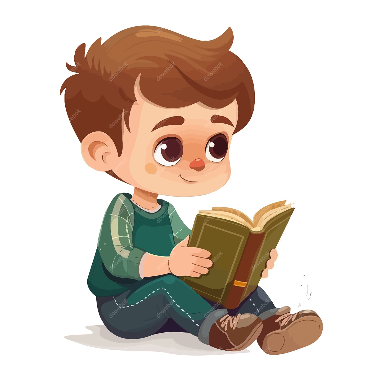 卡通风格坐在地上看书的小男孩矢量素材(EPS)