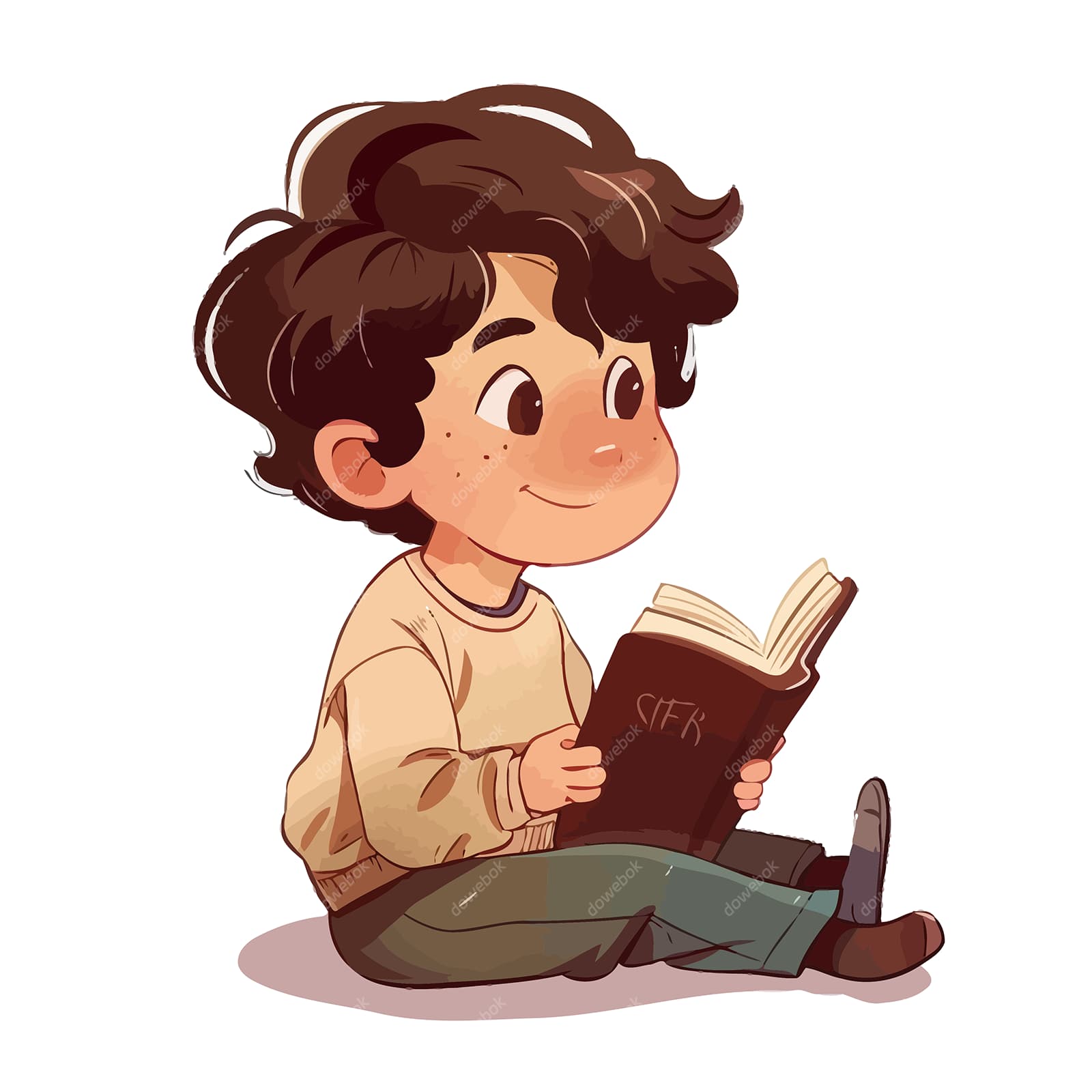 卡通风格坐在地上看书的小男孩矢量素材(EPS)