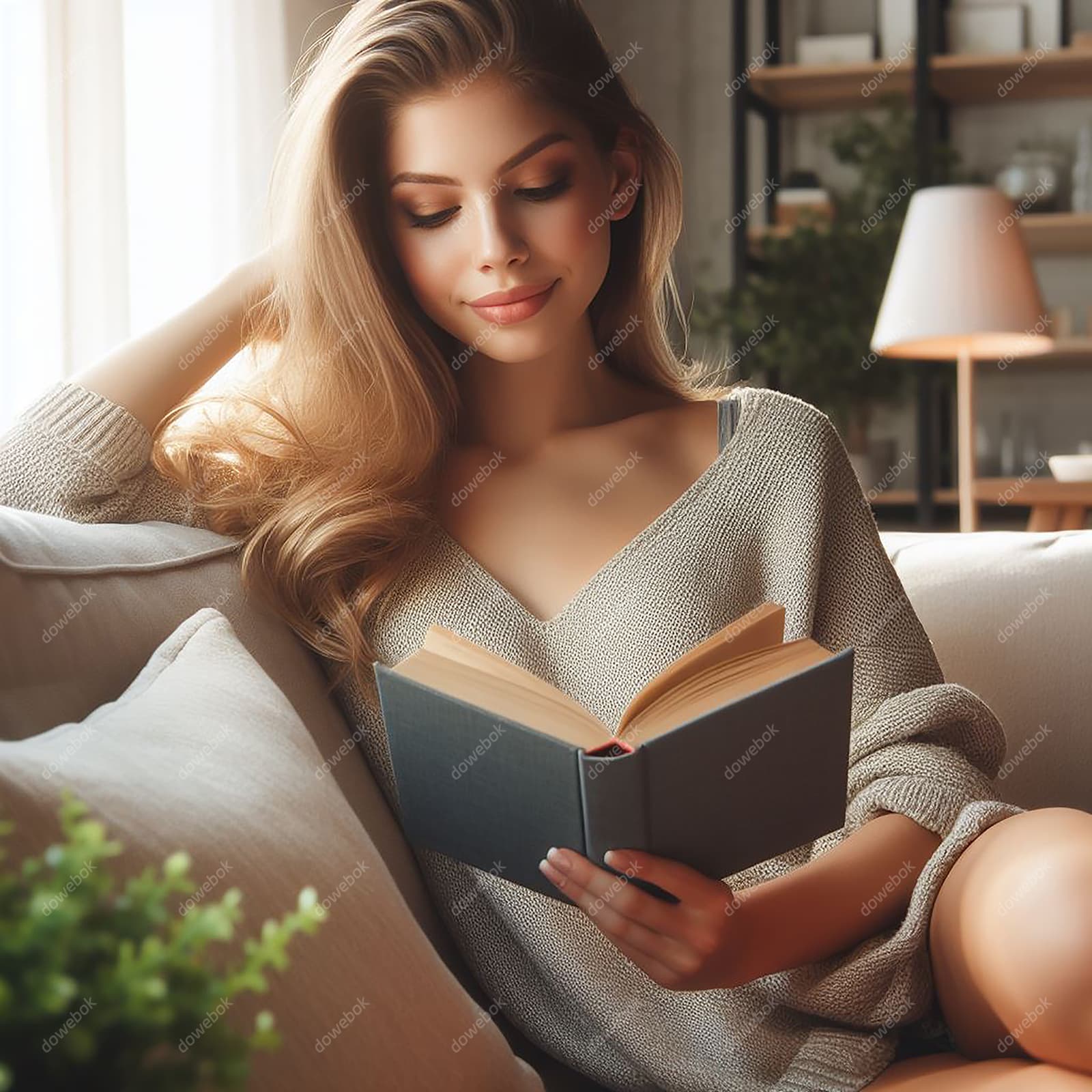 侧靠在沙发山看书的女孩高清图片素材(JPG)